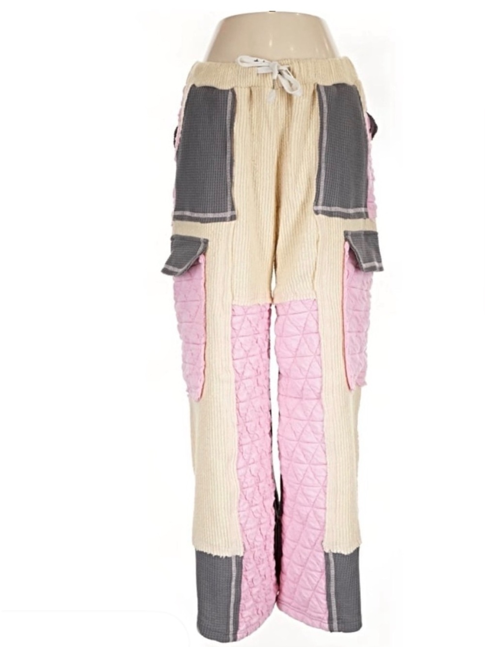 NWOT P.O.L Patchwork Cargo Lounge Pants in Cream & Pink | Three Bird Nest